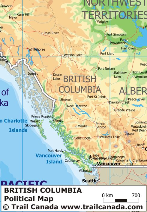 Physical Map of British Columbia Canada