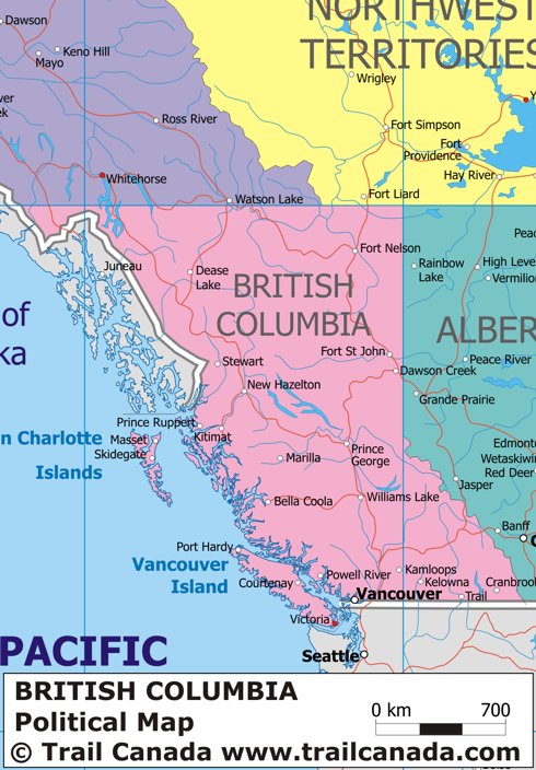 Political Map of British Columbia, Canada