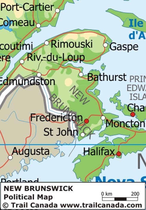 Physical Map of New Brunswick Canada