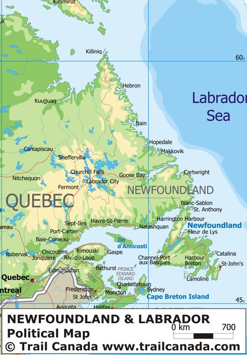 Physical Map of Newfoundland and Labrador Canada