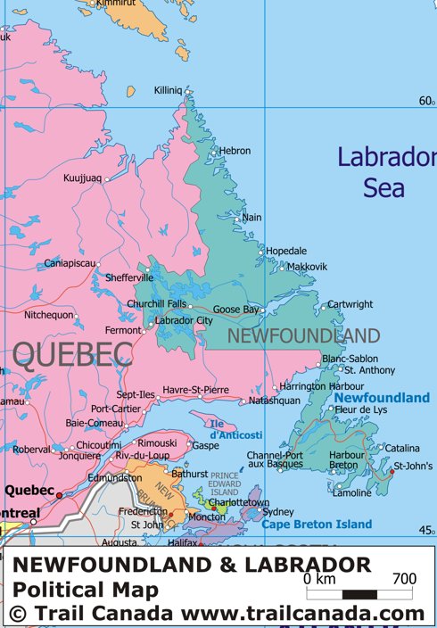 Political Map of Newfoundland and Labrador Canada